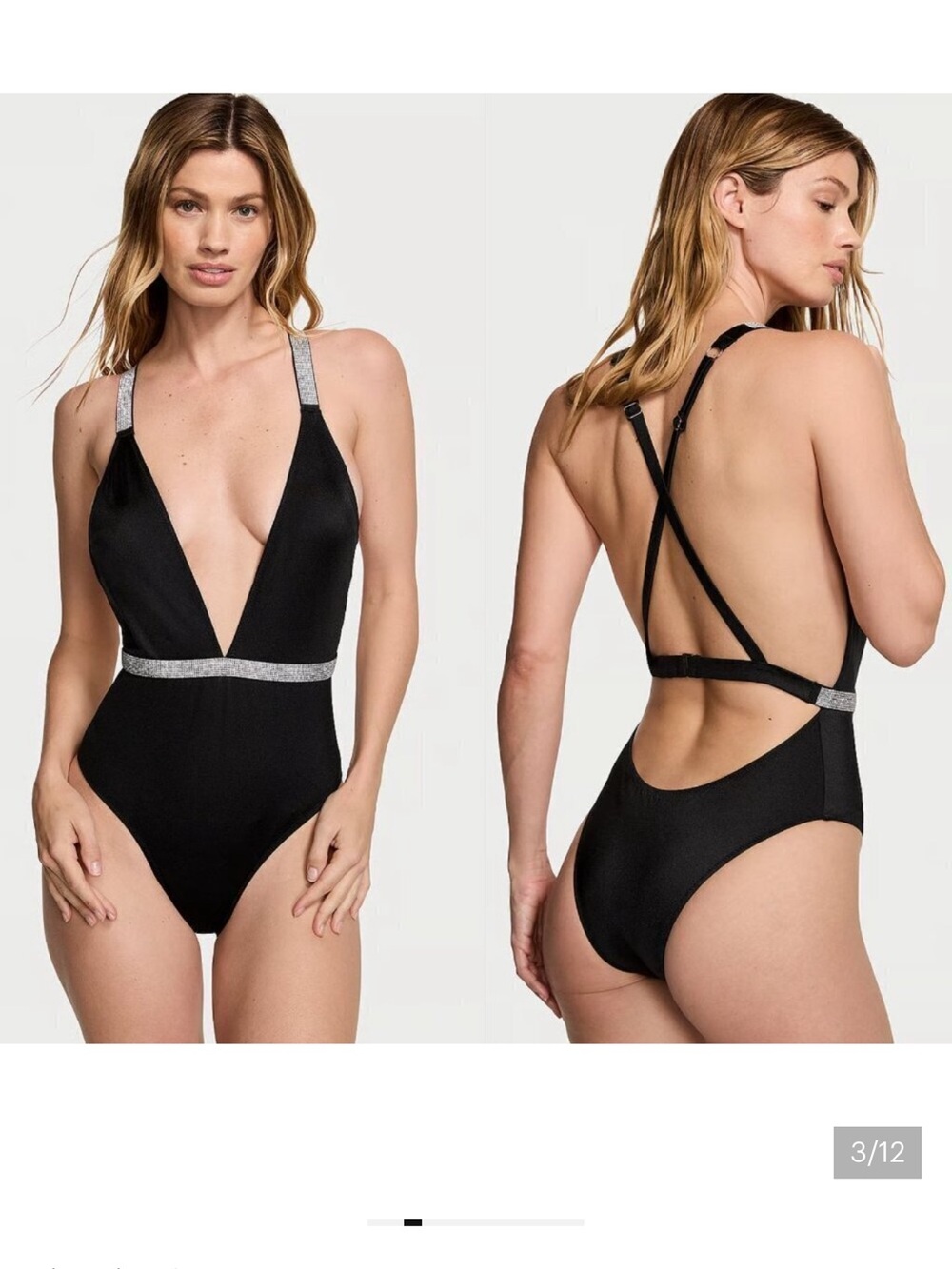 Victoria's Secret Black One-Piece Plunge Swimsuit with Silver Straps